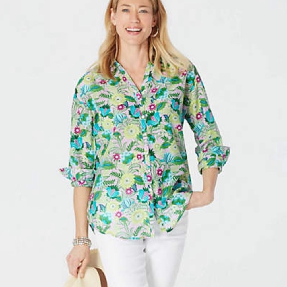 J. Jill Green Floral Button-Front Blouse